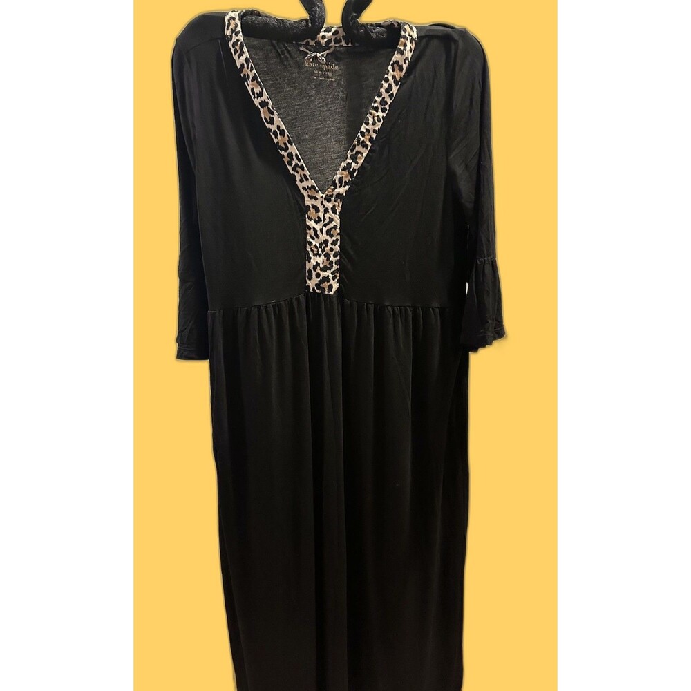 Kate Spade Black with Leopard Trim Loungewear, sz M, Flouncy Long Dress